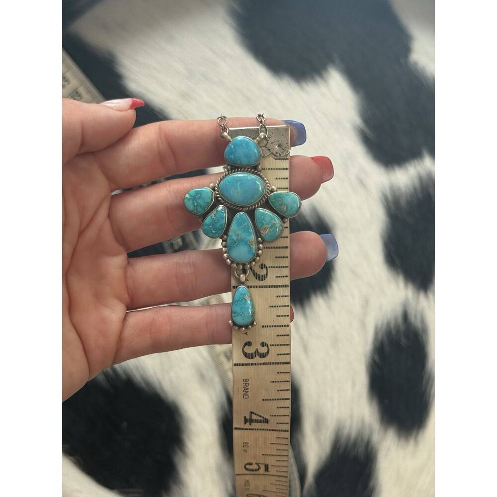 Native American SW Sterling Silver Blue Ridge Turquoise Cluster Blossom Necklace - Picture 5 of 9